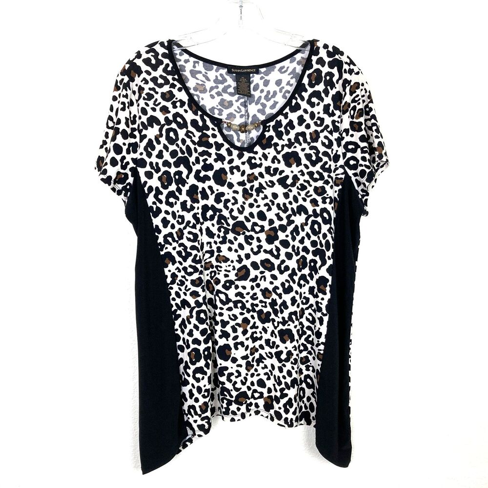 Susan Lawrence Women Animal Print Top Size XL Stretch Beads Sharkbite Hem Hippie